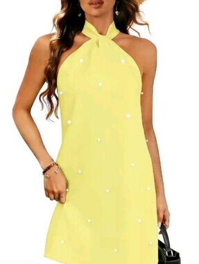 HYZ  Pearl Beaded Halter Twist Sleeveless Tie Back A Line Dress